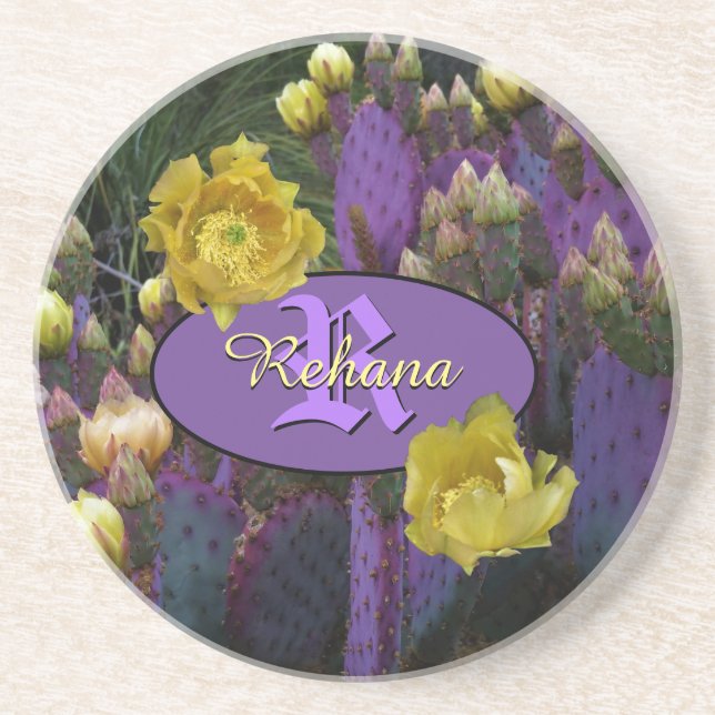 Porta-copos Flores Amarelas de Cacto Roxo Personalizadas Monog (Frente)