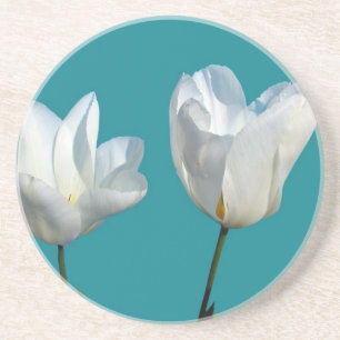 Porta-copos flores brancas de tulipa em fundo azul-aqua