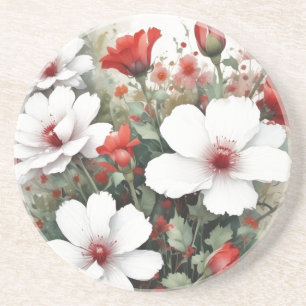 Porta-copos Flores Brancas e Vermelhas Aquarela Elegante