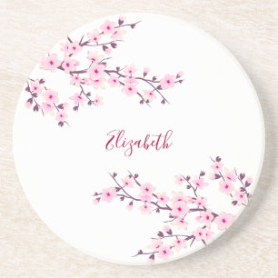 Porta-copos Flores de Cerejeira Rosa Branco Monograma