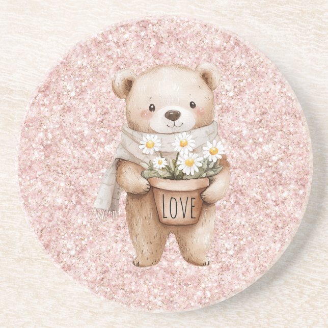 Porta-copos Flores de Margarida de Urso Doce Brilho Rosa (Frente)