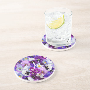 Porta-copos Flores de Pensamento Roxo Azul Branco Monograma 