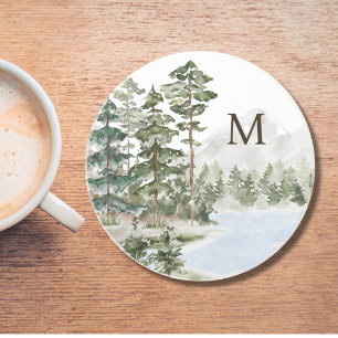 Porta-copos Floresta e lago de pinheiros verdes monogramados