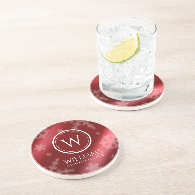 Porta-copos Folha Vermelha Festiva Snowflakes Monograma (Lateral)
