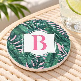 Porta-copos Folhas de Palma Verde Tropical Monograma Rosa