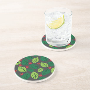 Porta-copos Folhas Verdes, Berries Vermelhos, Padrão De Folhas