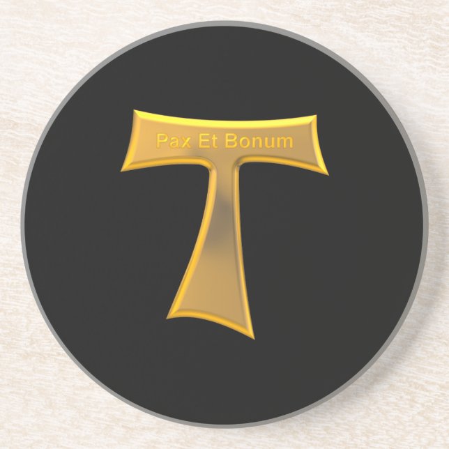 Porta-copos Franciscan Tau Cross Pax Et Bonum Dourado Metálico (Frente)