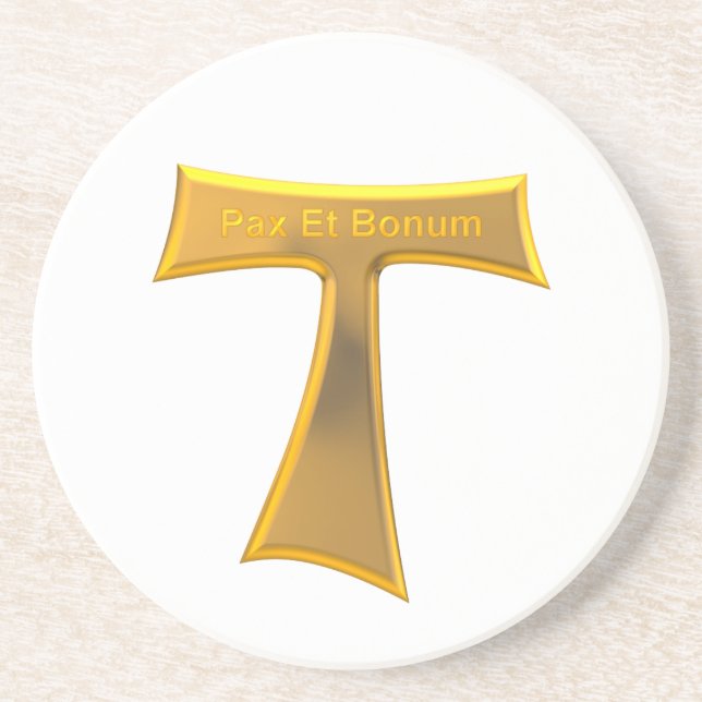 Porta-copos Franciscan Tau Cross Pax Et Bonum Dourado Metálico (Frente)
