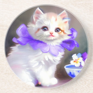 Porta-copos Gato branco com pintura de colarinho de flores rox