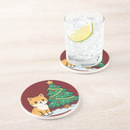 Porta-copos Gato de Desenho Animado ao Pé da Árvore de Natal c