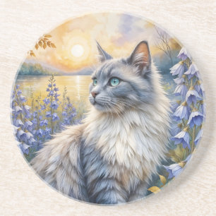 Porta-copos Gato tigre cinza e branco com flores roxas