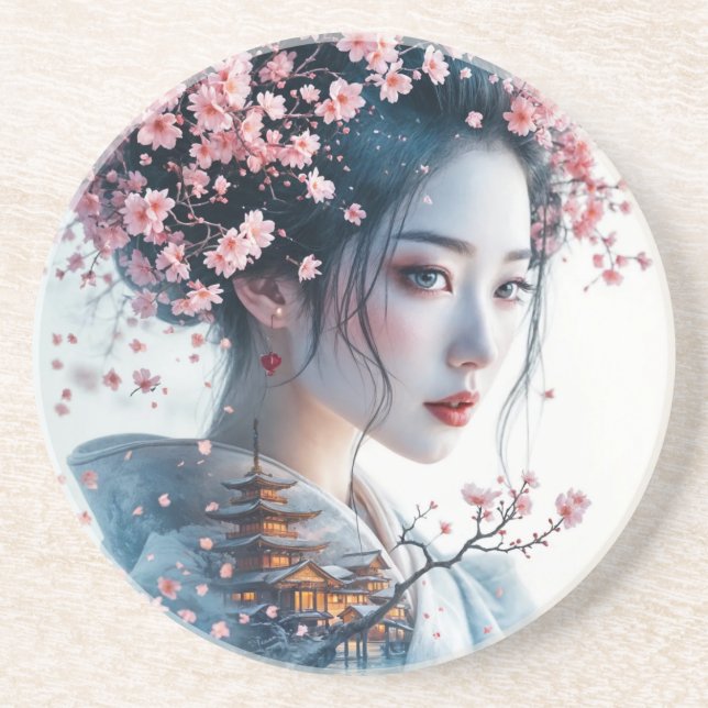 Porta-copos  Geisha portrait, cherry blossoms, Japanese art, (Frente)