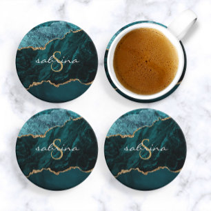 Porta-copos Geodo de Ágata Azul Teal Dourado Monograma