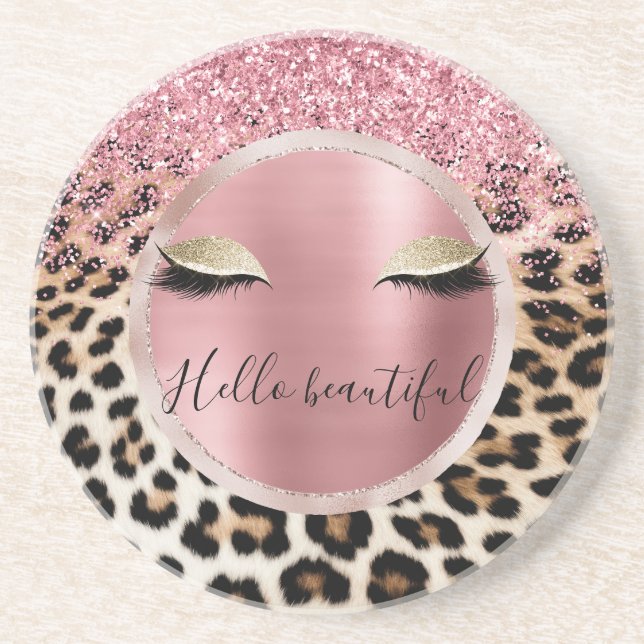 Porta-copos Glitzy Cor de rosa Leve Dourada Eyelashes Leopardo (Frente)