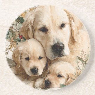 Porta-copos Golden Retriever Family Puppies Vintage Christmas