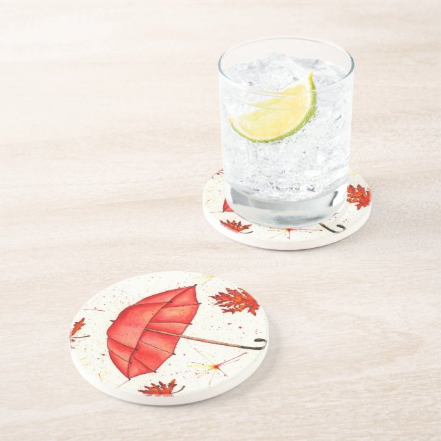 Porta-copos Guarda-chuva vermelha brilhante e folhas vermelhas (Lateral)