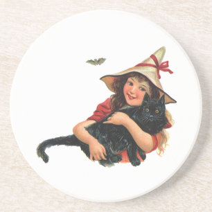 Porta-copos Halloween Vintage, Bruxa Menina com Gato Preto