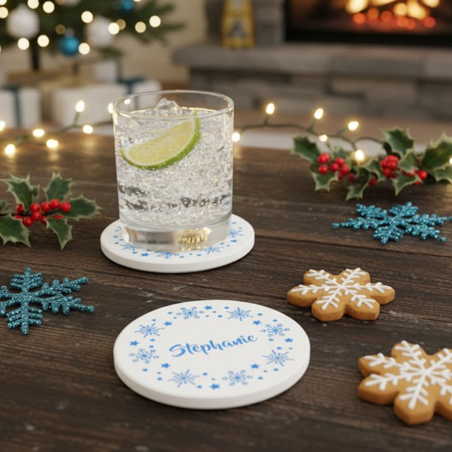 Porta-copos Holiday Snowflake Wreath (personalized holiday snowflake drink coaster)