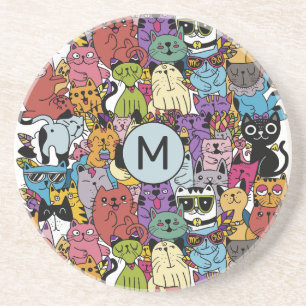 Porta-copos Ilustração de Gatos Engraçados com Monograma Perso