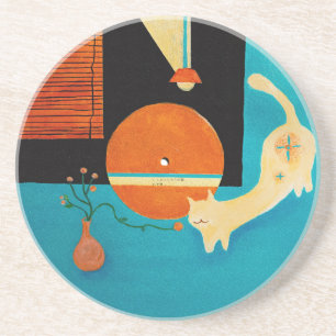 Porta-copos Ilustração Retro de Gato se Alongando em Disco