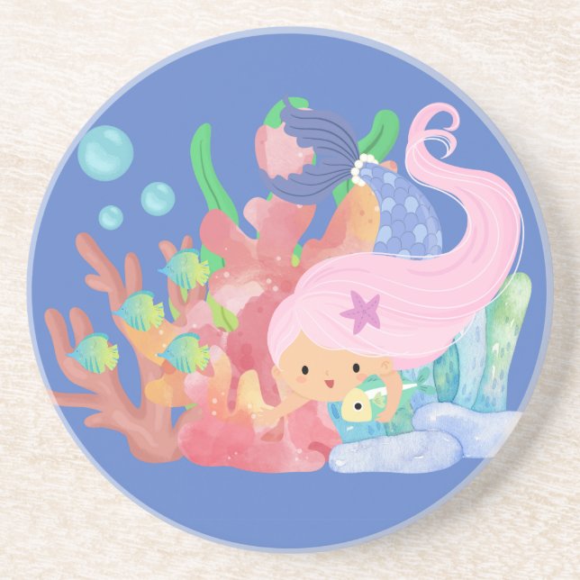 Porta-copos Linda sereia-do-cabelo-rosa brincando abraçando um (Frente)