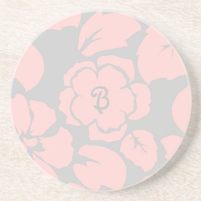 Porta-copos Lindo Monograma Floral Rosa e Cinza (Frente)