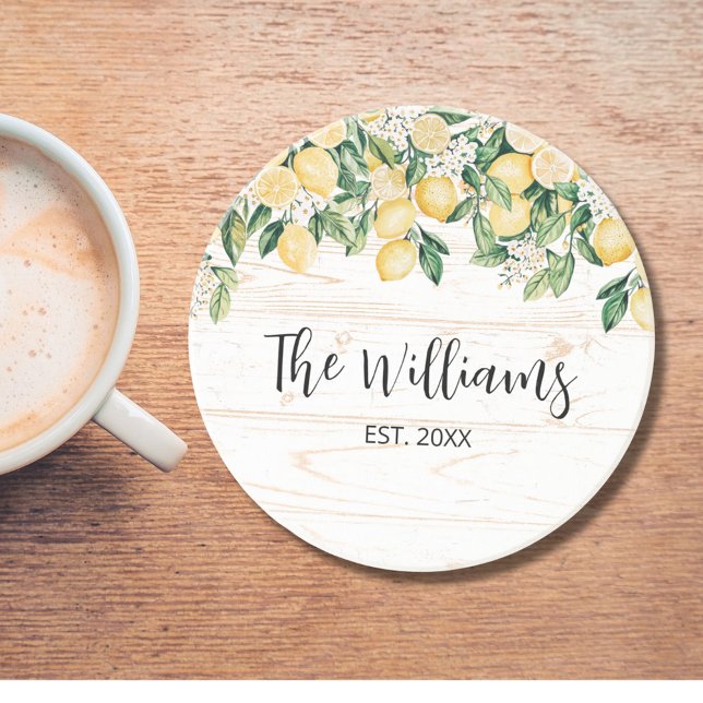 Porta-copos Madeira Branca de Limão Amarelo Monograma (In situ)