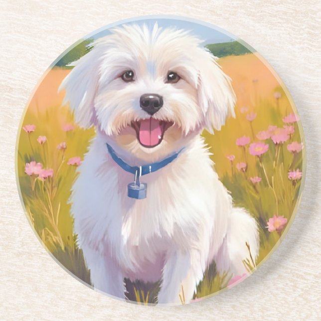 Porta-copos Maltese Dog Flower Field Painting (Frente)