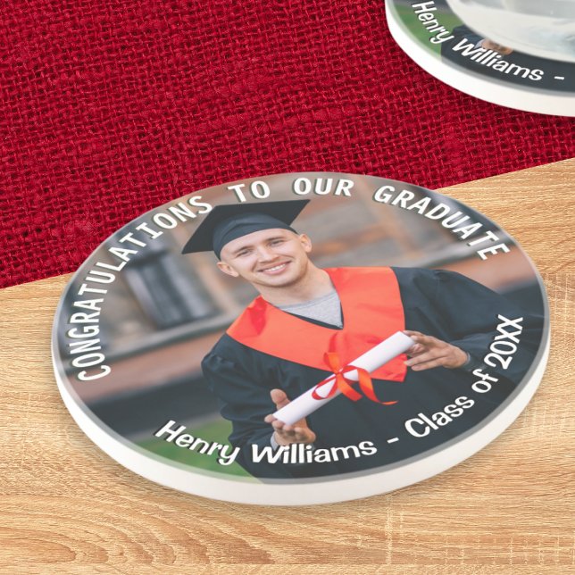 Porta-copos Manutenção do Formando de Texto Personalizado de F (A coaster for graduation day with custom photo, name, 'class of' year and congratulations message)