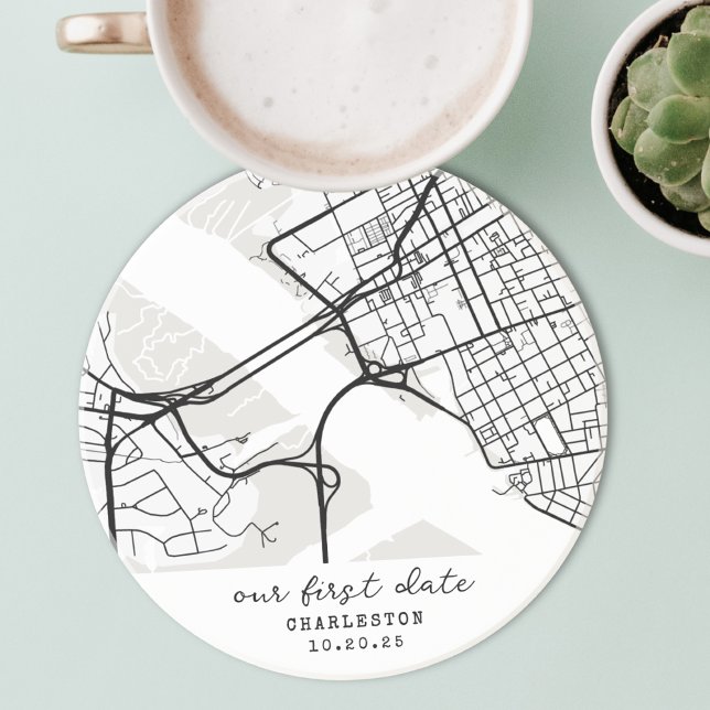 Porta-copos Mapa Personalizado "Onde Nos Conhecemos" Primeiro  (Custom Map "Where We Met" First Date Personalized Coaster Our First Date 1st Anniversary Gift)
