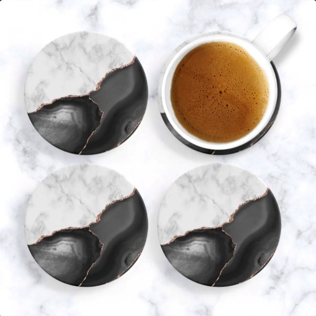 Porta-copos Mármore Branco Ágata Preta Brilho de Ouro Rosa (Criador carregado)