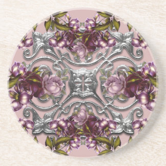 Porta-copos Medalhão de Prata Rosa Roxo Vintage Sandstone