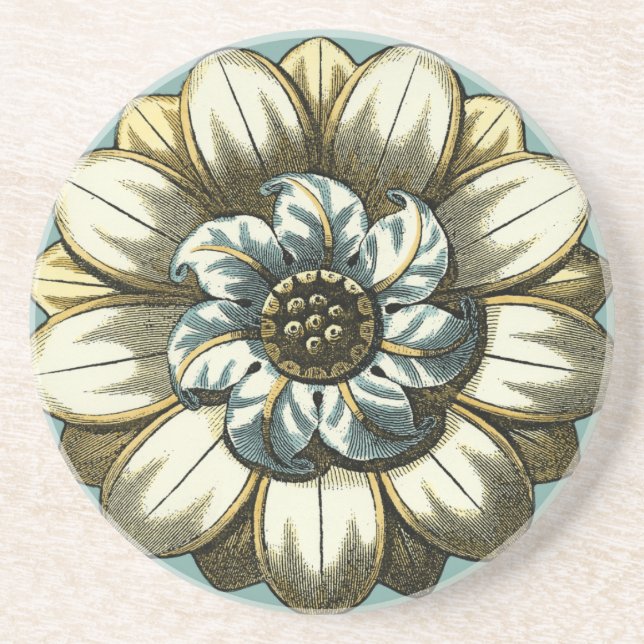 Porta-copos Medalhão Floral ornamentado sobre fundo azul claro (Frente)