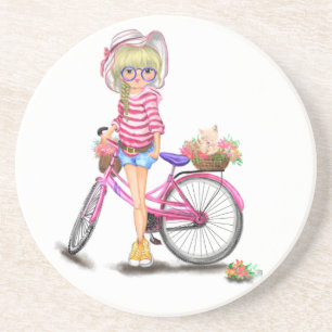 Porta-copos Menina Loura-Gira com Bicicleta Rosa e Gato nas Fl