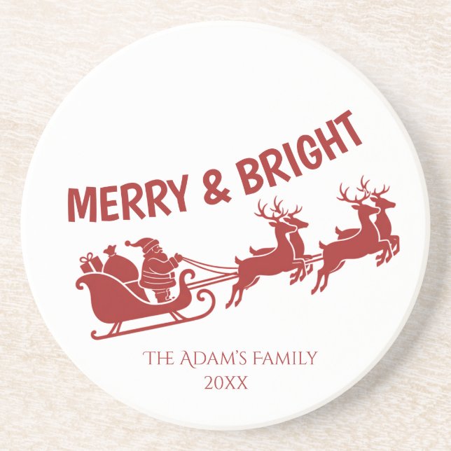 Porta-copos Merry and Bright Santa Sleigh Christmas  (Frente)