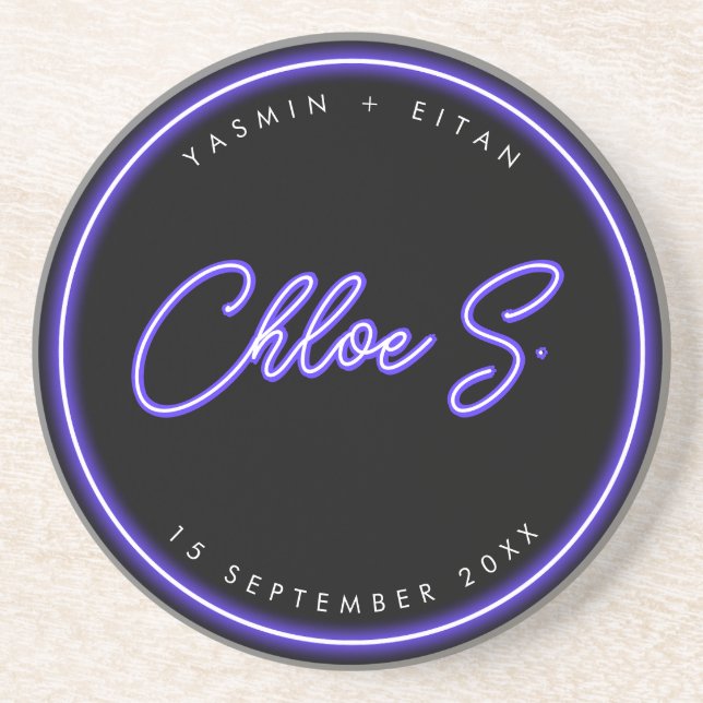 Porta-copos Modern Neon Purple Script Name Weding Favor (Frente)