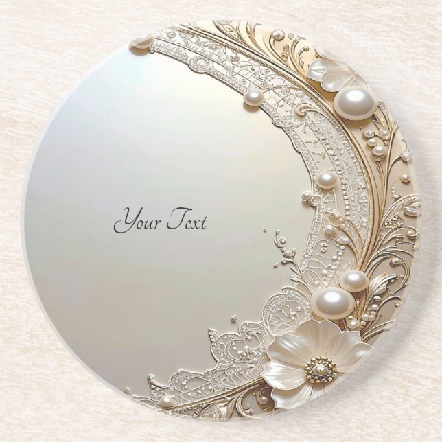 Porta-copos Modern White Flowers Pearls Sandstone Coaster (Frente)