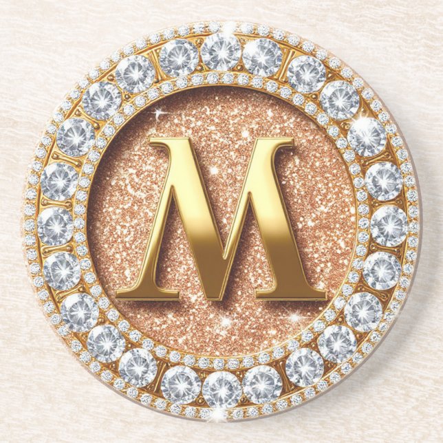 Porta-copos Monogram Letter M on Rose Gold Glitter Background (Frente)