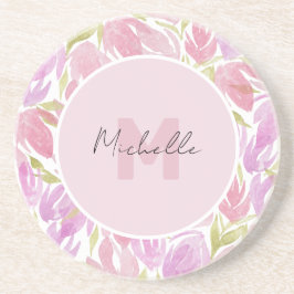 Porta-copos Monograma das flores de aquarela cor-de-rosa da Fú
