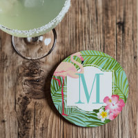 Monograma de Flamingo Tropical e Flores de Hibisco