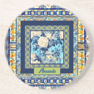 Porta-copos Monograma elegante de chinoiserie azulejo azul flo