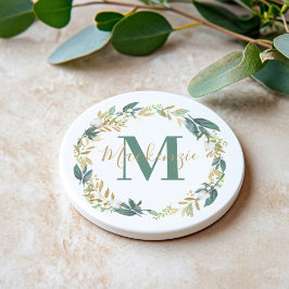 Porta-copos Monograma Floral Verde Elegante a Ouro