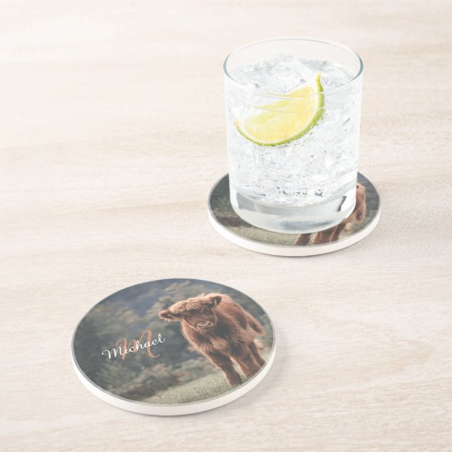 Porta-copos Monograma inicial de erva de outono de vitelo de p (Lateral)