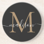 Porta-copos Monograma Preto e Dourado Feminino - Script Modern<br><div class="desc">Dourado Monograma com Script Elegante e Preto,  Porta copos Moderna</div>