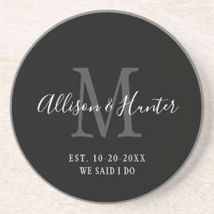 Porta-copos Monograma preto elegante estabelecido em recém-ca