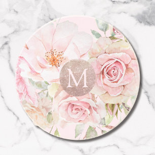 Porta-copos Monograma Rosa Dourado Blush Rosa Aquarela Floral