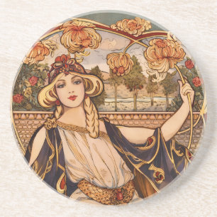 Porta-copos Musa do Crisântemo Dourado – Floral Art Nouveau