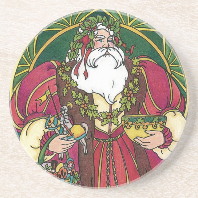 Porta-copos Natal Antigo, Papai Noel com Folhas de Azevinho (Frente)