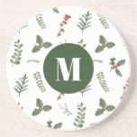 Porta-copos Natal Aquarela Verde e Berry<br><div class="desc">Um belo verde-aquarela e um padrão de morangos vermelhos armam sua porta copos inicial neste feriado.</div>