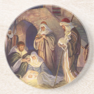 Porta-copos Natal vintage, três pastores e bebê Jesus